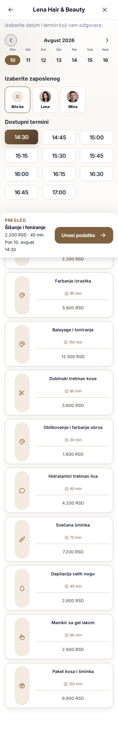 Stvarni Tessavia Termini ekran za izbor datuma, zaposlenog i slobodnog vremena